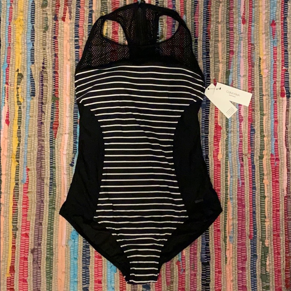 Calvin Klein High Neck Mesh Insert Swimsuit 12 NWT